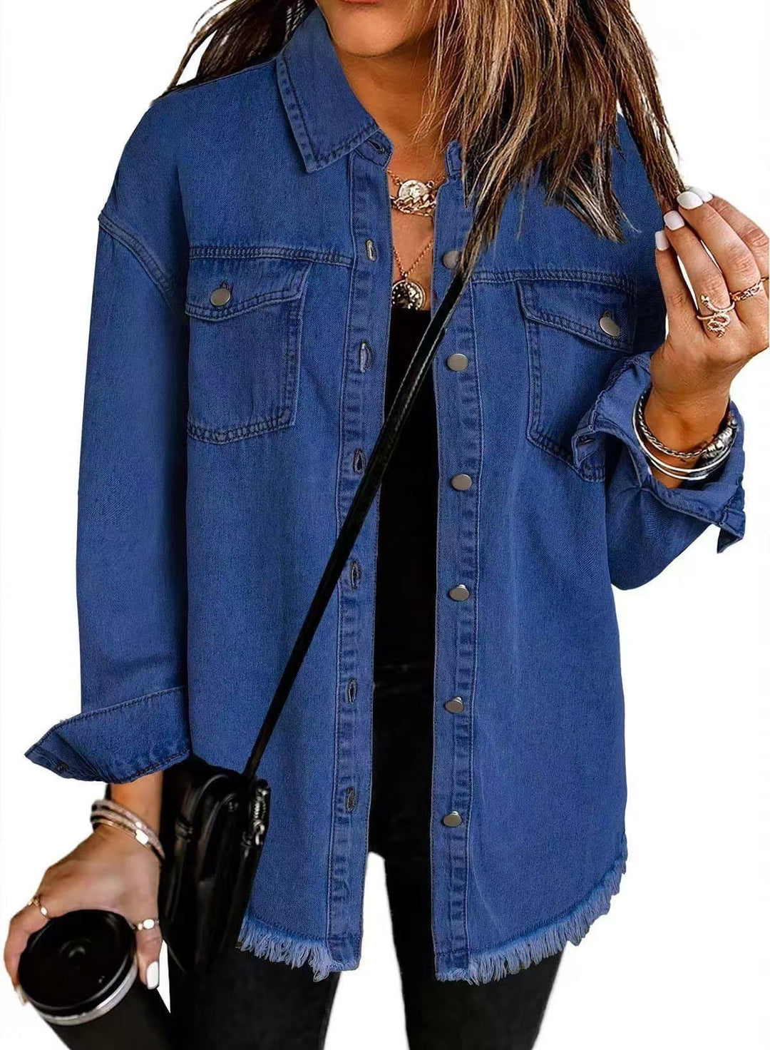 Women's collared denim jacket with chest pockets