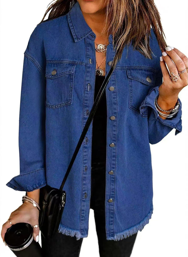 Women's collared denim jacket with chest pockets