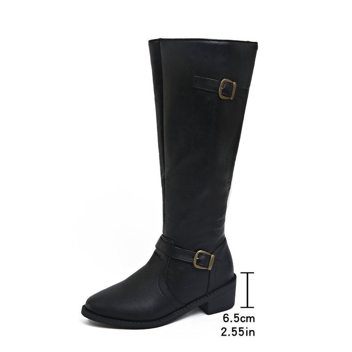 Women's knee-high riding boots with buckle straps and low block heels