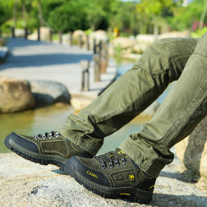 Low-cut hiking shoe with lace-up front and rugged lugged sole