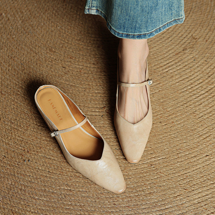 Women's pointed Mary Jane mule flats with buckle strap