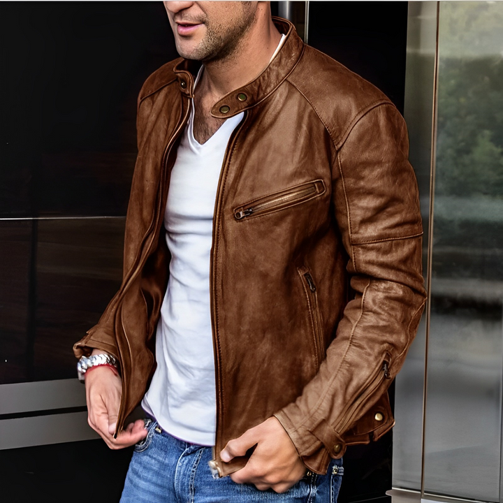 Men's aviator jacket with stand collar, zip pockets and long sleeves