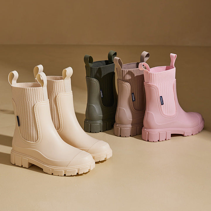 Women's Chelsea-style ankle rain boots with lug sole