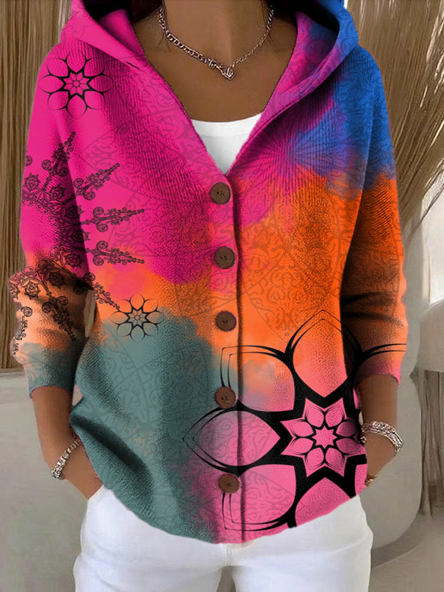 Women's hooded button cardigan with colorful patchwork pattern