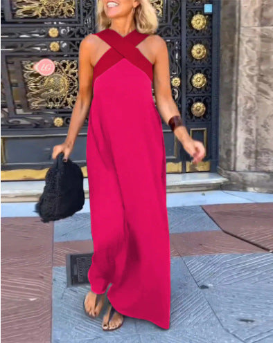 Women's sleeveless maxi dress with crossed halter neckline in black and white colourway