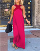 Women's sleeveless maxi dress with crossed halter neckline in black and white colourway