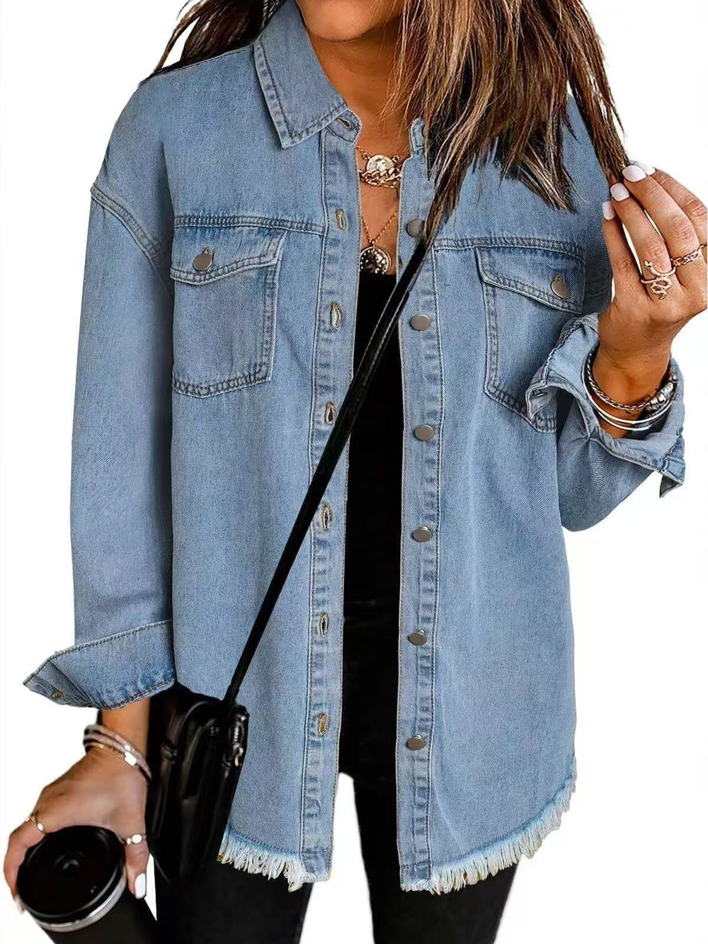 Women's collared denim jacket with chest pockets
