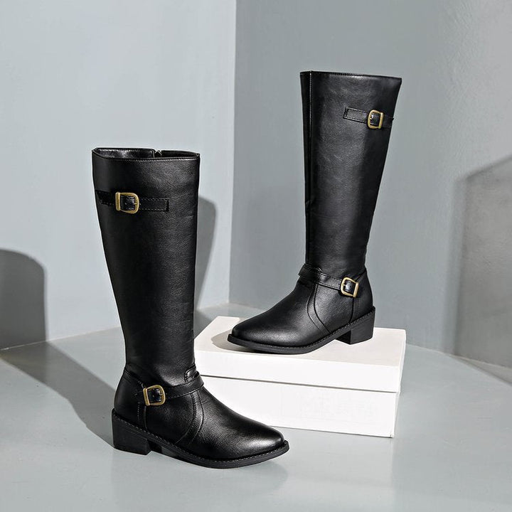 Women's knee-high riding boots with buckle straps and low block heels