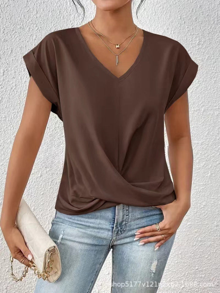 Women's v-neck short sleeve t-shirt with wrap front in mauve
