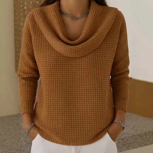 Women's waffle-knit jumper with draped cowl neckline and long sleeves