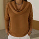 Women's waffle-knit jumper with draped cowl neckline and long sleeves