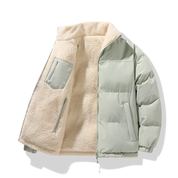 Reversible padded jacket with sherpa lining and zip fastening