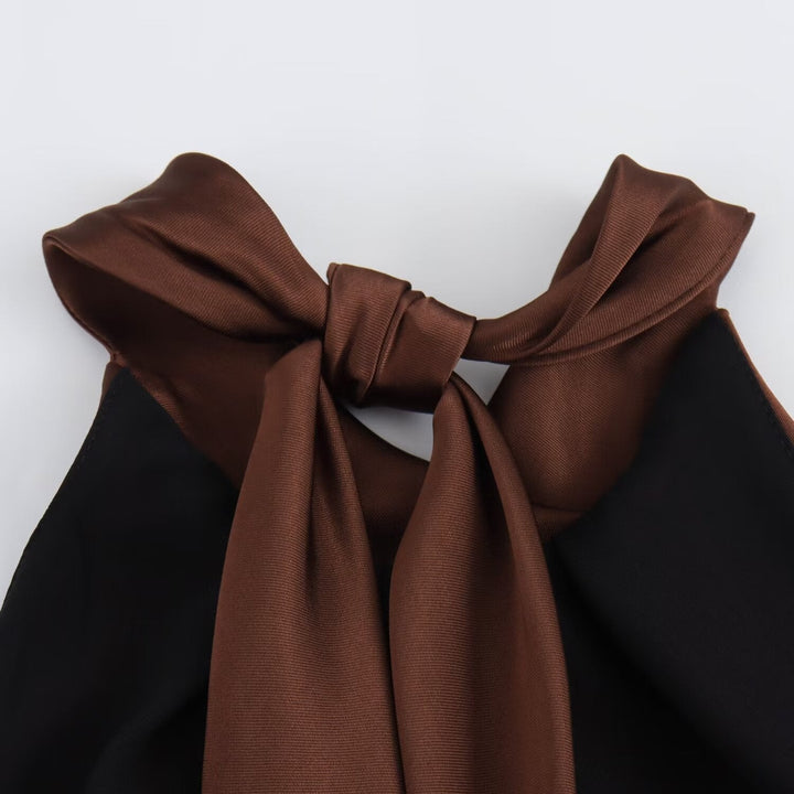 Women's brown sleeveless halter maxi dress with a slim floor-length silhouette