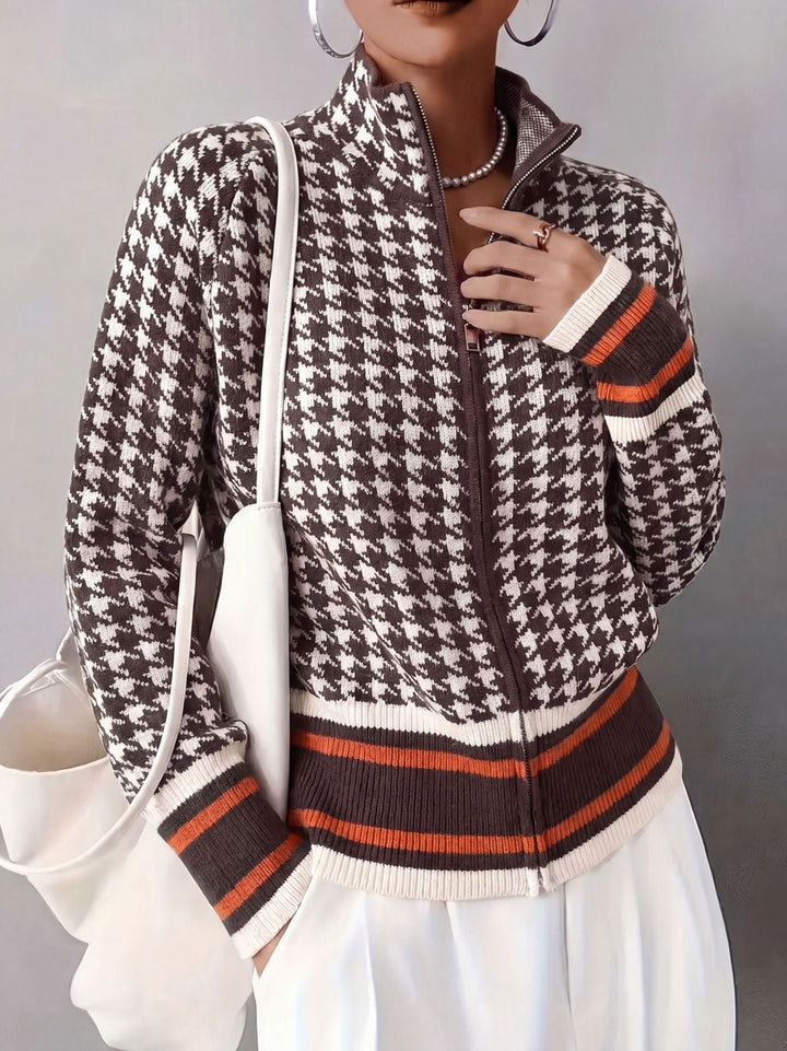 Women's houndstooth zip cardigan with stand collar and striped ribbed trims