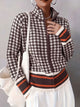 Women's houndstooth zip cardigan with stand collar and striped ribbed trims