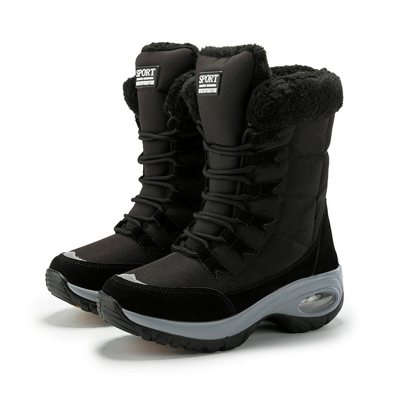 High-top winter lace-up boots with plush black trim and chunky ridged soles
