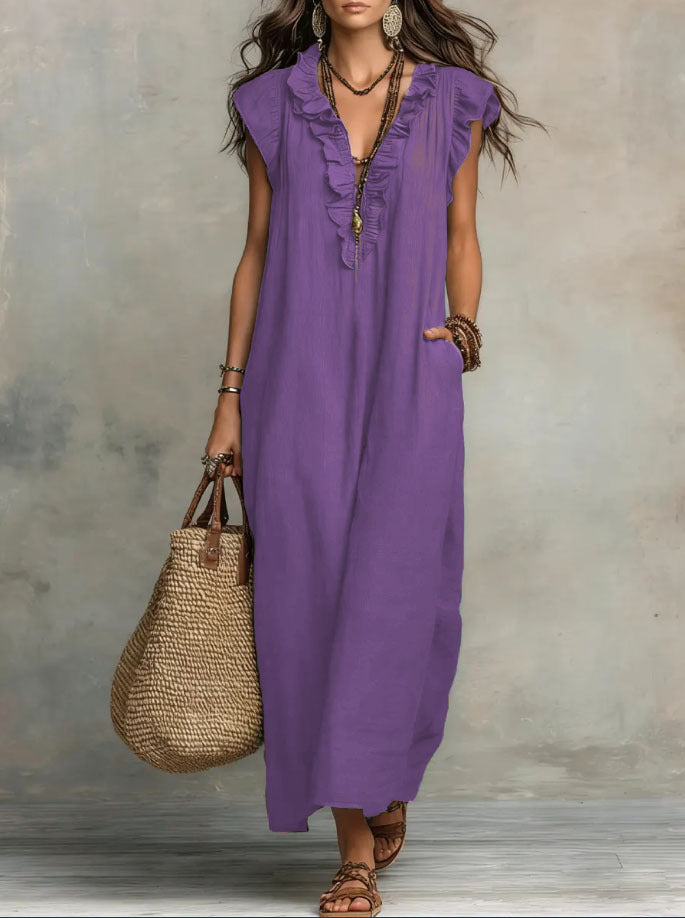 Women's bohemian maxi dress with V-neck ruffled front, short sleeves and side pockets in grey and green