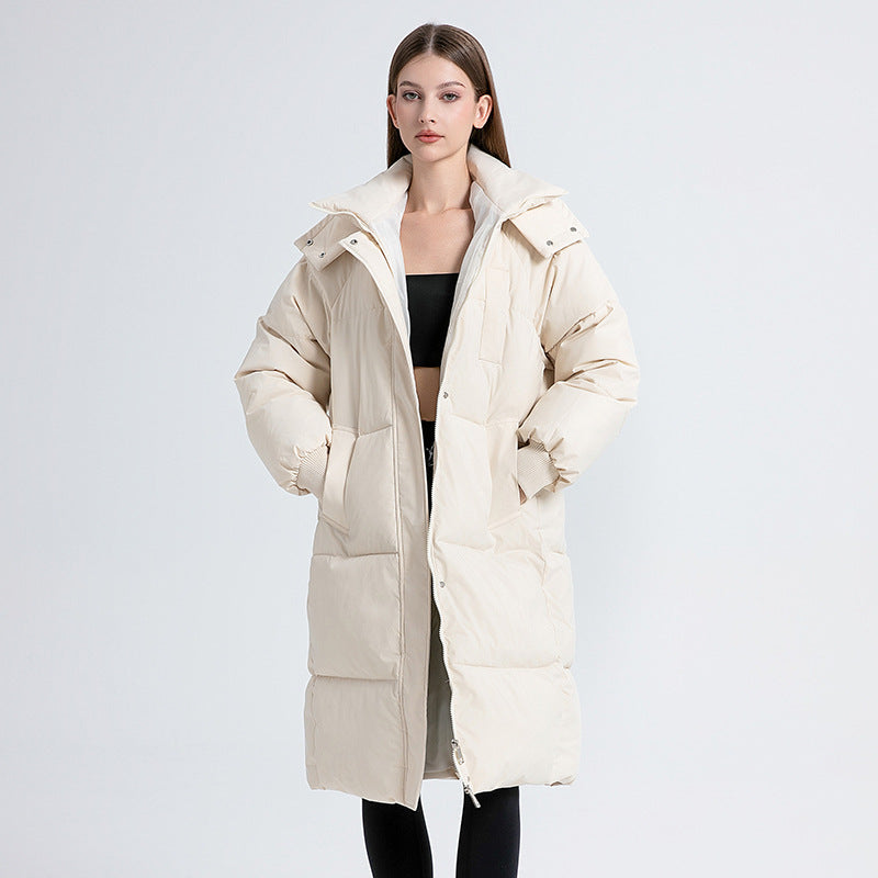 Women's long hooded quilted puffer coat with zip front and side pockets