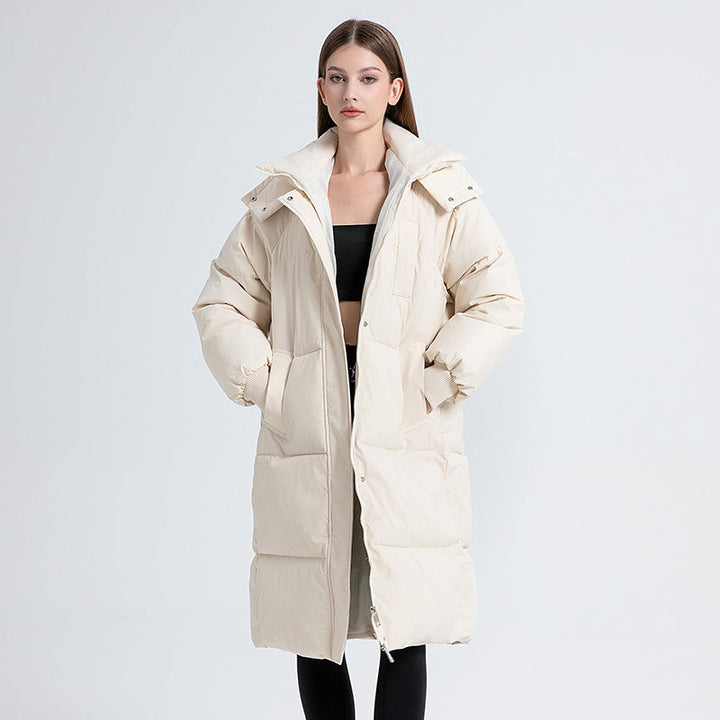 Women's long hooded quilted puffer coat with zip front and side pockets