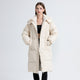 Women's long hooded quilted puffer coat with zip front and side pockets