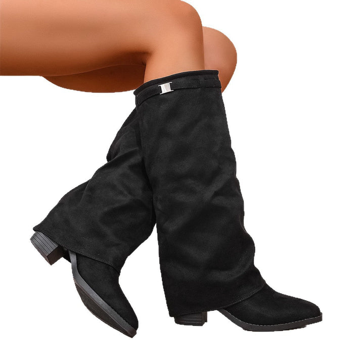 Women's knee-high slouch boots with pointed toes and low block heels
