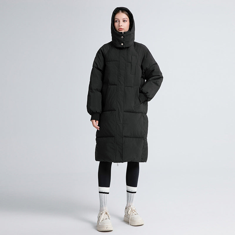 Women's long hooded quilted puffer coat with zip front and side pockets