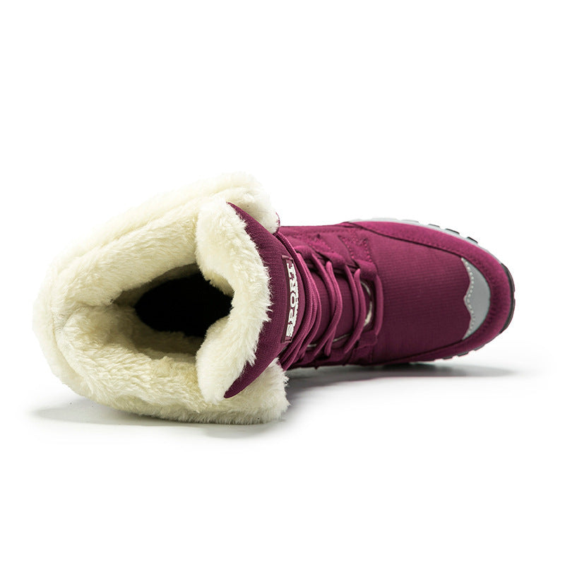 High-top winter lace-up boots with plush black trim and chunky ridged soles