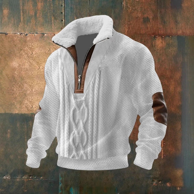 Men's quarter-zip sweater with geometric knit panels and long sleeves