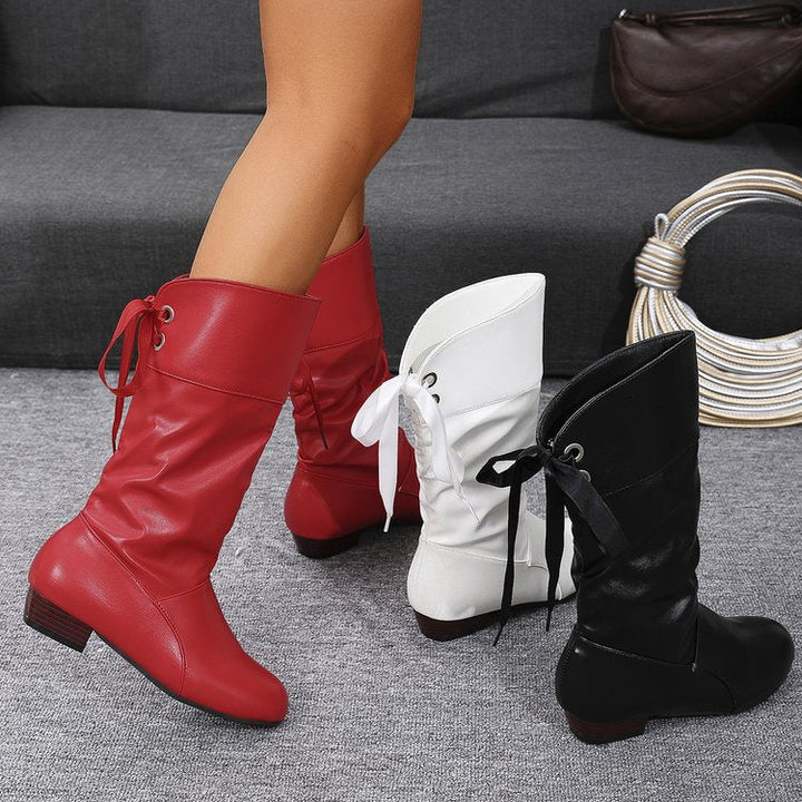 Women's ruched knee-high boots with round toes, lace tie details and low block heels