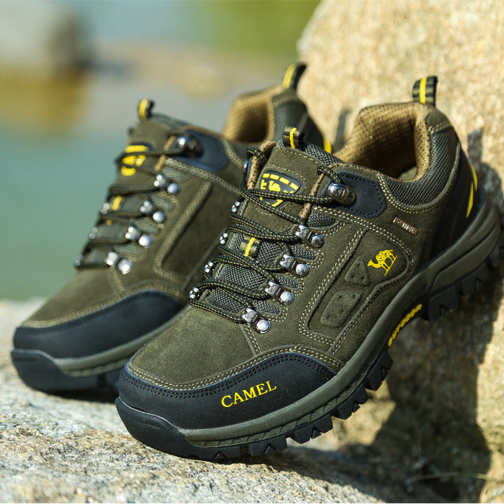 Low-cut hiking shoe with lace-up front and rugged lugged sole