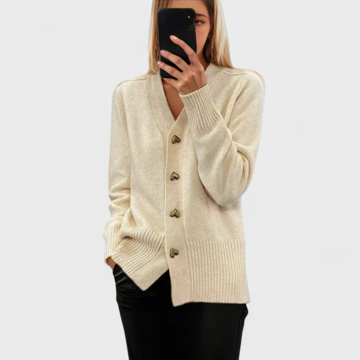 Women's V-neck cardigan with heart-shaped buttons and front pockets