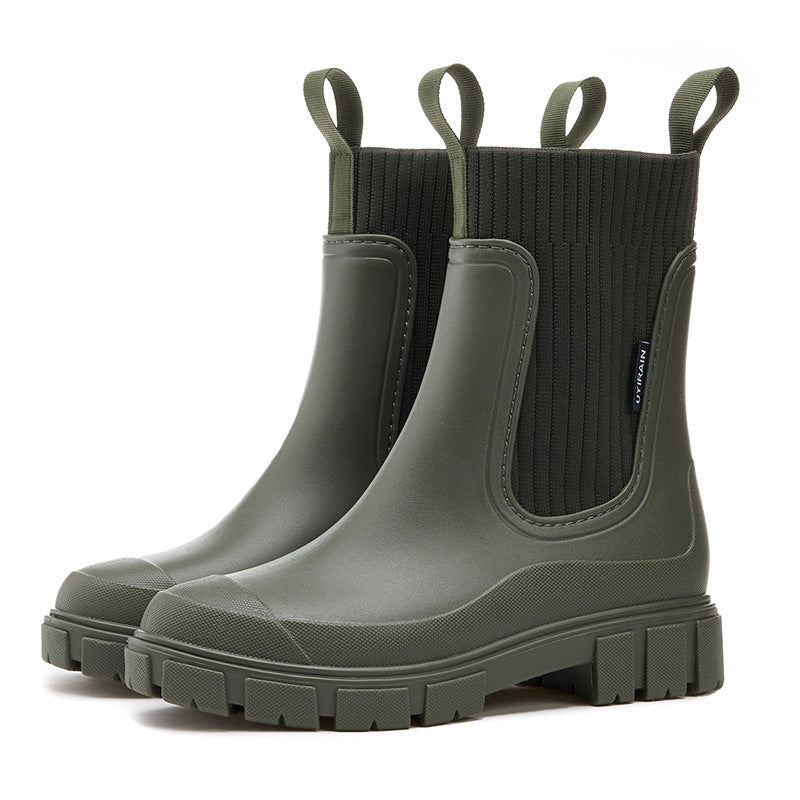 Women's Chelsea-style ankle rain boots with lug sole