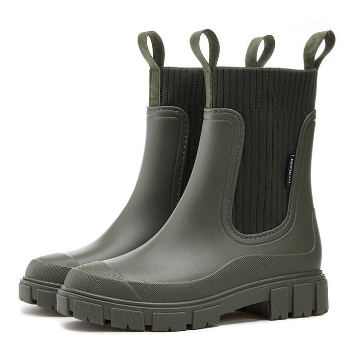 Women's Chelsea-style ankle rain boots with lug sole