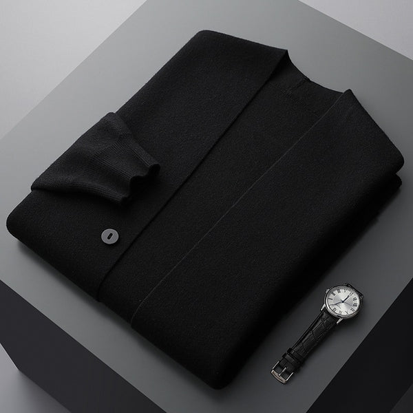 Button-front cardigan with contrast sleeve stripes and patch pockets
