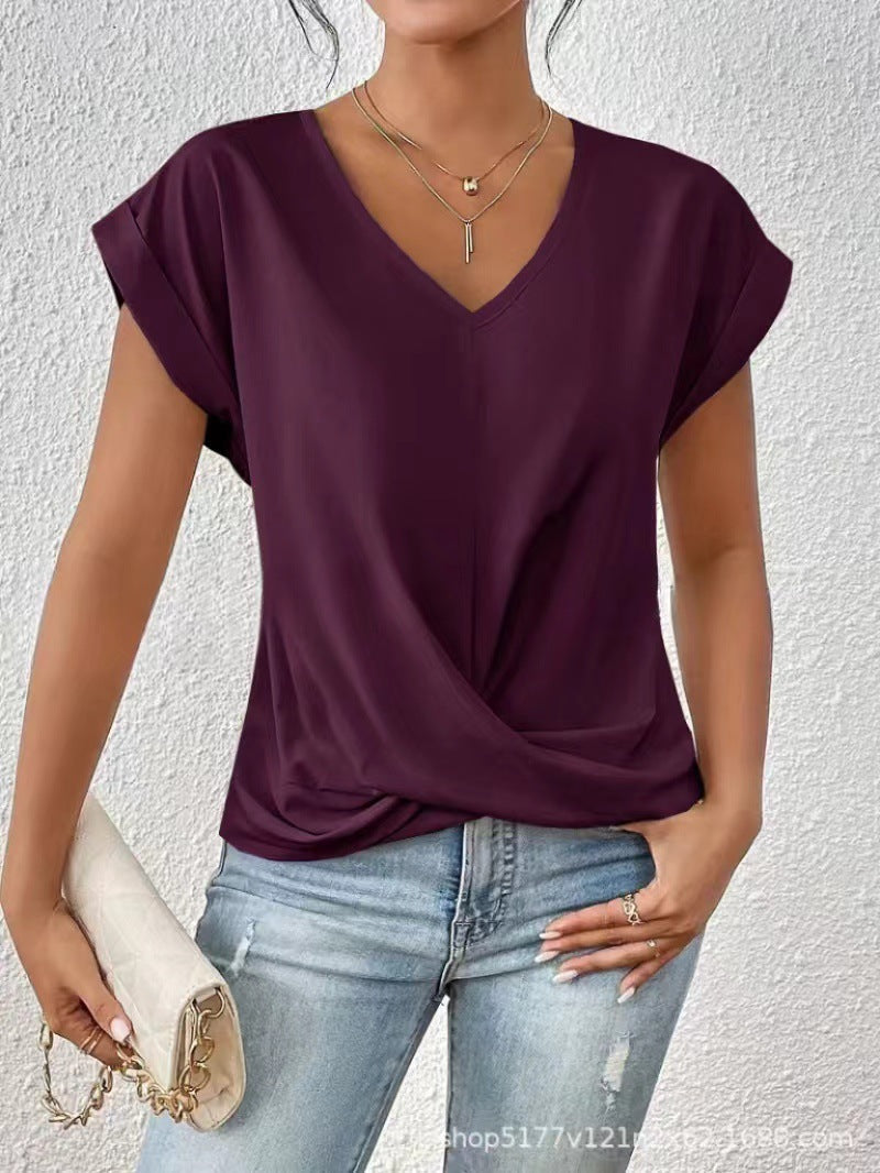 Women's v-neck short sleeve t-shirt with wrap front in mauve