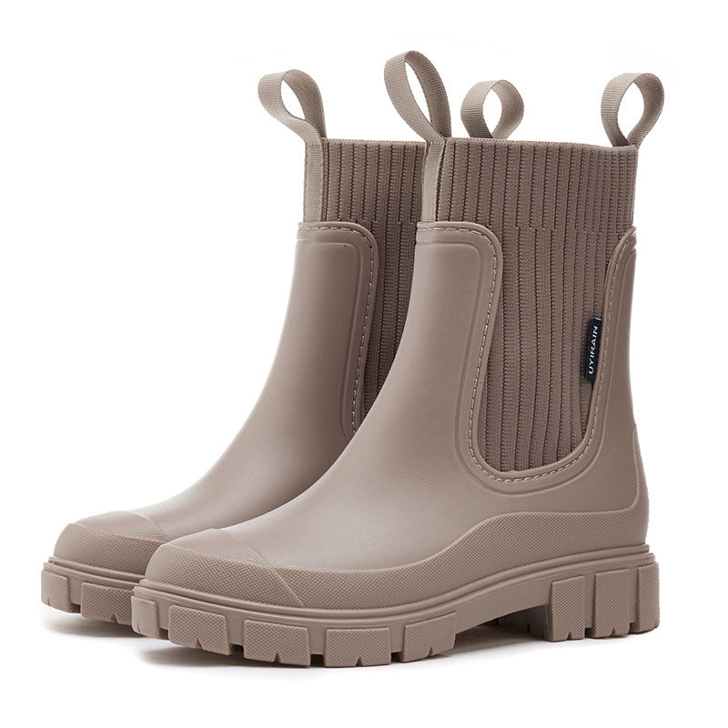 Women's Chelsea-style ankle rain boots with lug sole