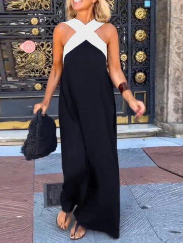 Women's sleeveless maxi dress with crossed halter neckline in black and white colourway