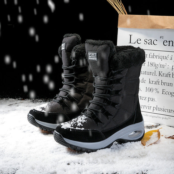 High-top winter lace-up boots with plush black trim and chunky ridged soles