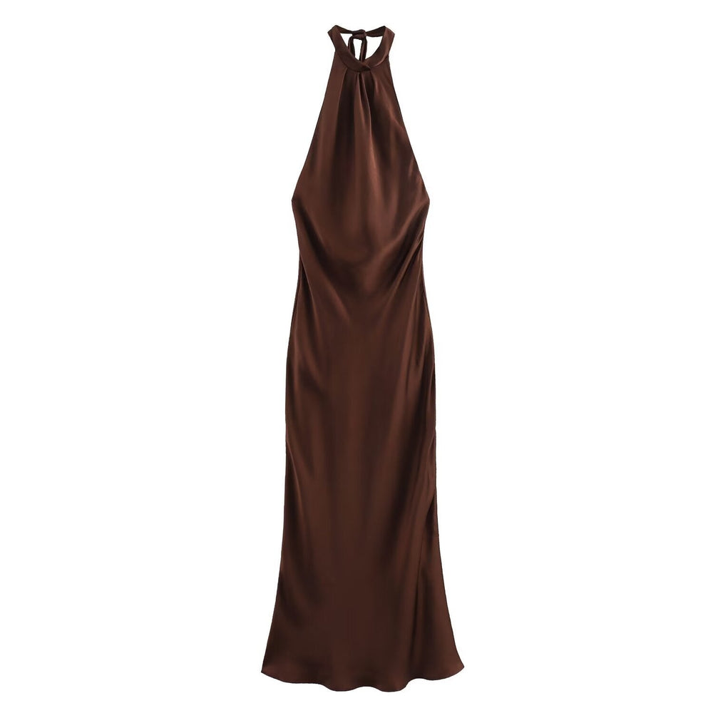 Women's brown sleeveless halter maxi dress with a slim floor-length silhouette