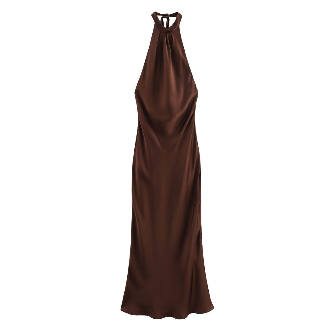 Women's brown sleeveless halter maxi dress with a slim floor-length silhouette