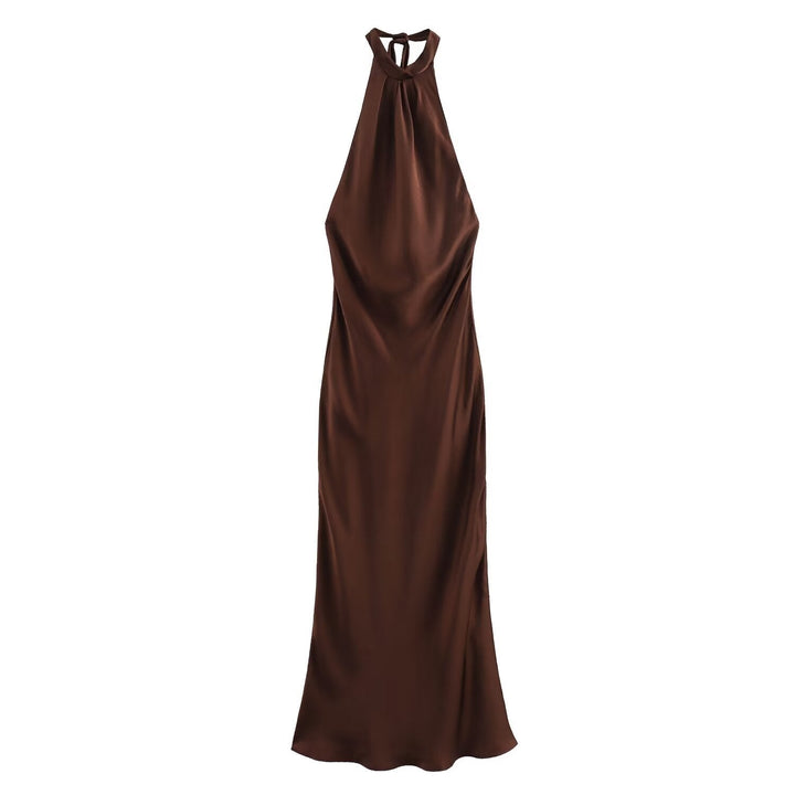 Women's brown sleeveless halter maxi dress with a slim floor-length silhouette