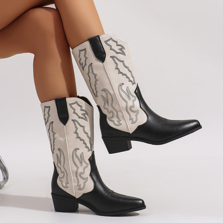 Women's Western cowboy boots with embroidered shafts and block heels