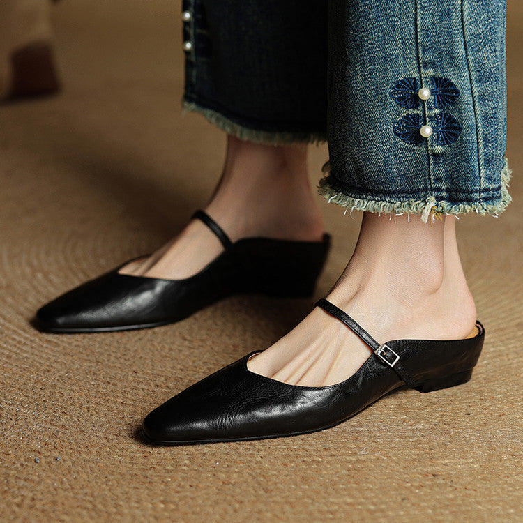 Women's pointed Mary Jane mule flats with buckle strap