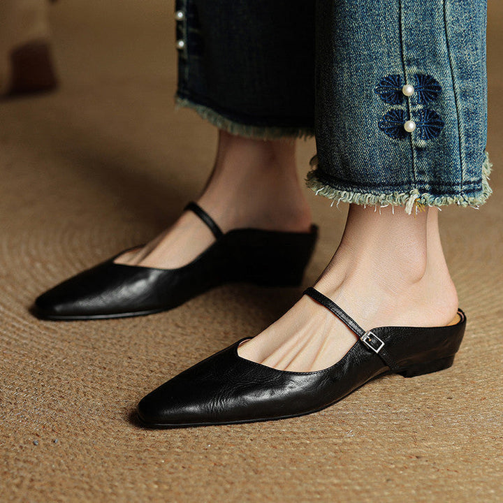 Women's pointed Mary Jane mule flats with buckle strap