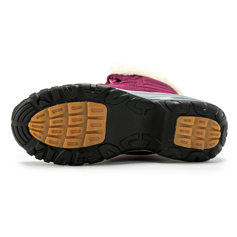 High-top winter lace-up boots with plush black trim and chunky ridged soles