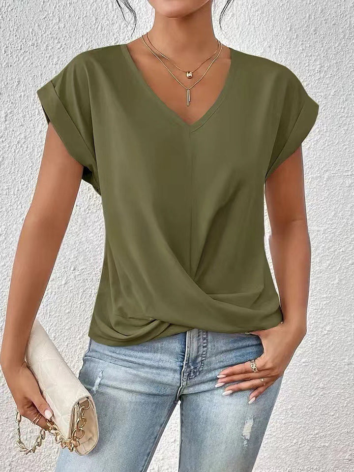 Women's v-neck short sleeve t-shirt with wrap front in mauve