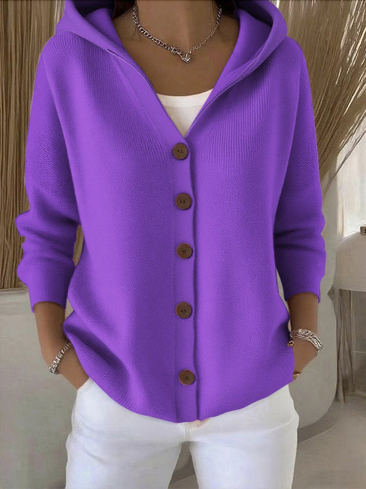 Women's hooded button cardigan with colorful patchwork pattern