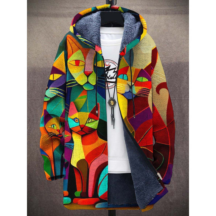Women's multicoloured abstract graphic hooded cardigan with long sleeves and zip front