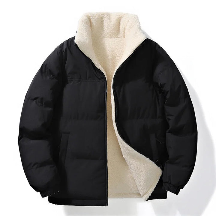 Reversible padded jacket with sherpa lining and zip fastening
