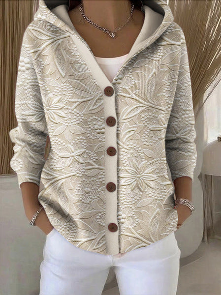 Women's hooded button cardigan with colorful patchwork pattern